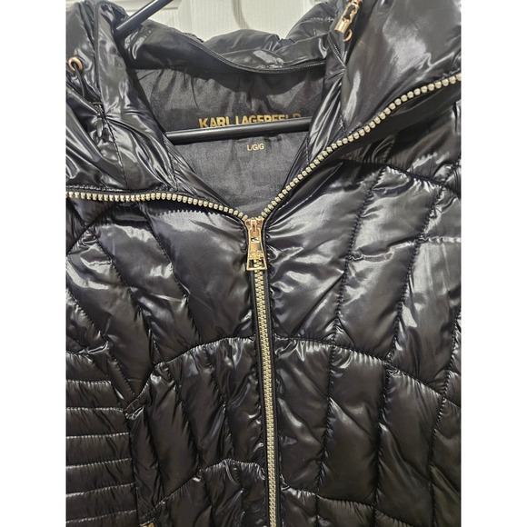 Karl Lagerfeld Paris Womens Black Quilted Puffer Jacket Gold Hardware Large - Picture 4 of 6